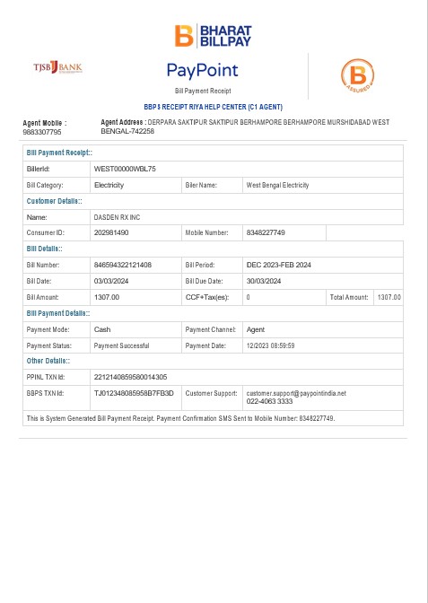 INDIA WEST BENGAL ELECTRICITY business utility bill Word and PDF template PSD template